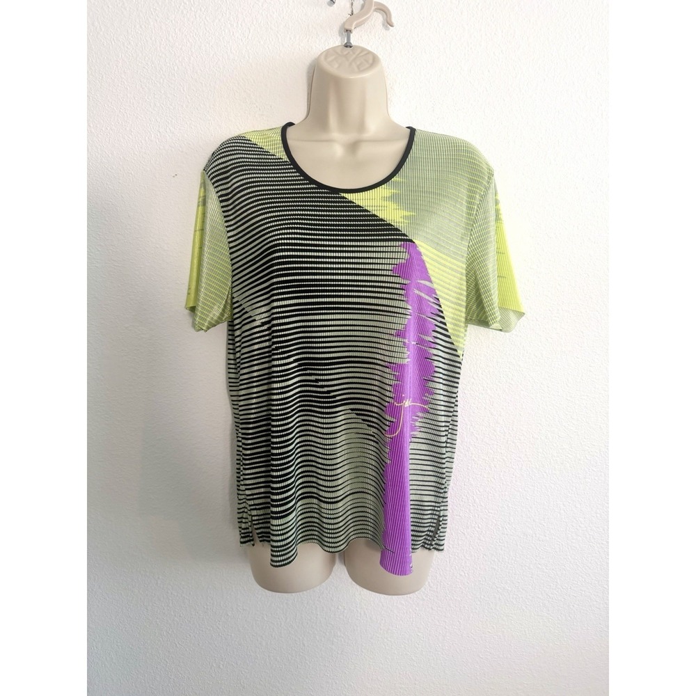 Jamie Sadock Top Womens L Plisse Neon Stripe Golf Tennis Abstract Artsy Active